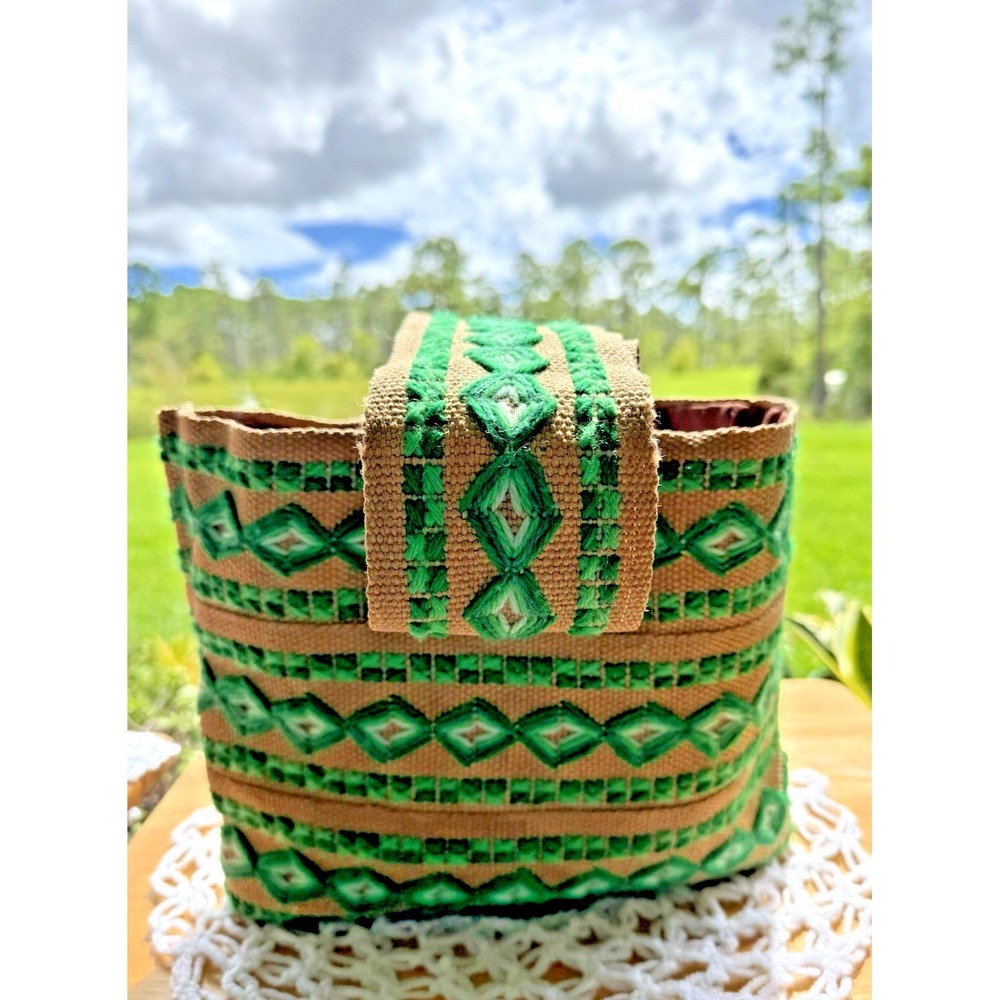 Handmade Woven Boho Hippie Bag Rustic Green Embroidered Geometric Pattern